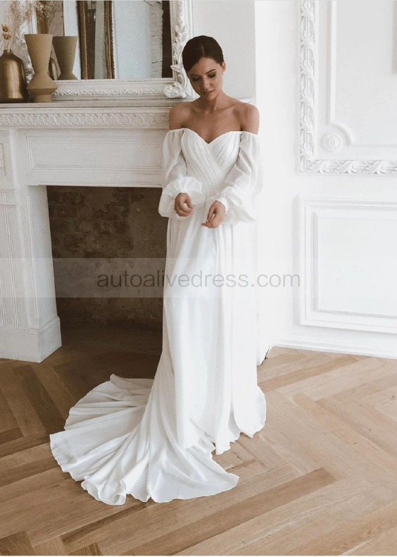 Off Shoulder Ivory Chiffon Pearl Buttons Back Wedding Dress